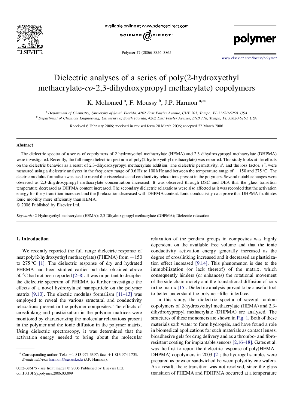 Dielectric analyses of a series of poly(2-hydroxyethyl methacrylate-co-2,3-dihydroxypropyl methacylate) copolymers