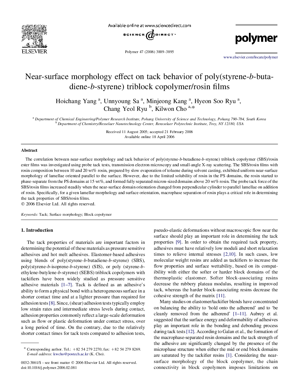 Near-surface morphology effect on tack behavior of poly(styrene-b-butadiene-b-styrene) triblock copolymer/rosin films