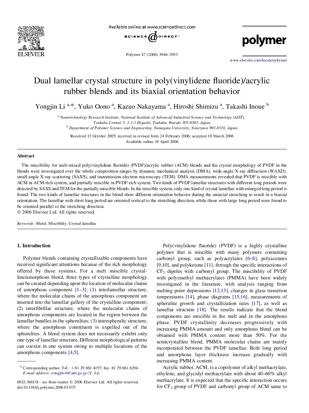 Dual lamellar crystal structure in poly(vinylidene fluoride)/acrylic rubber blends and its biaxial orientation behavior