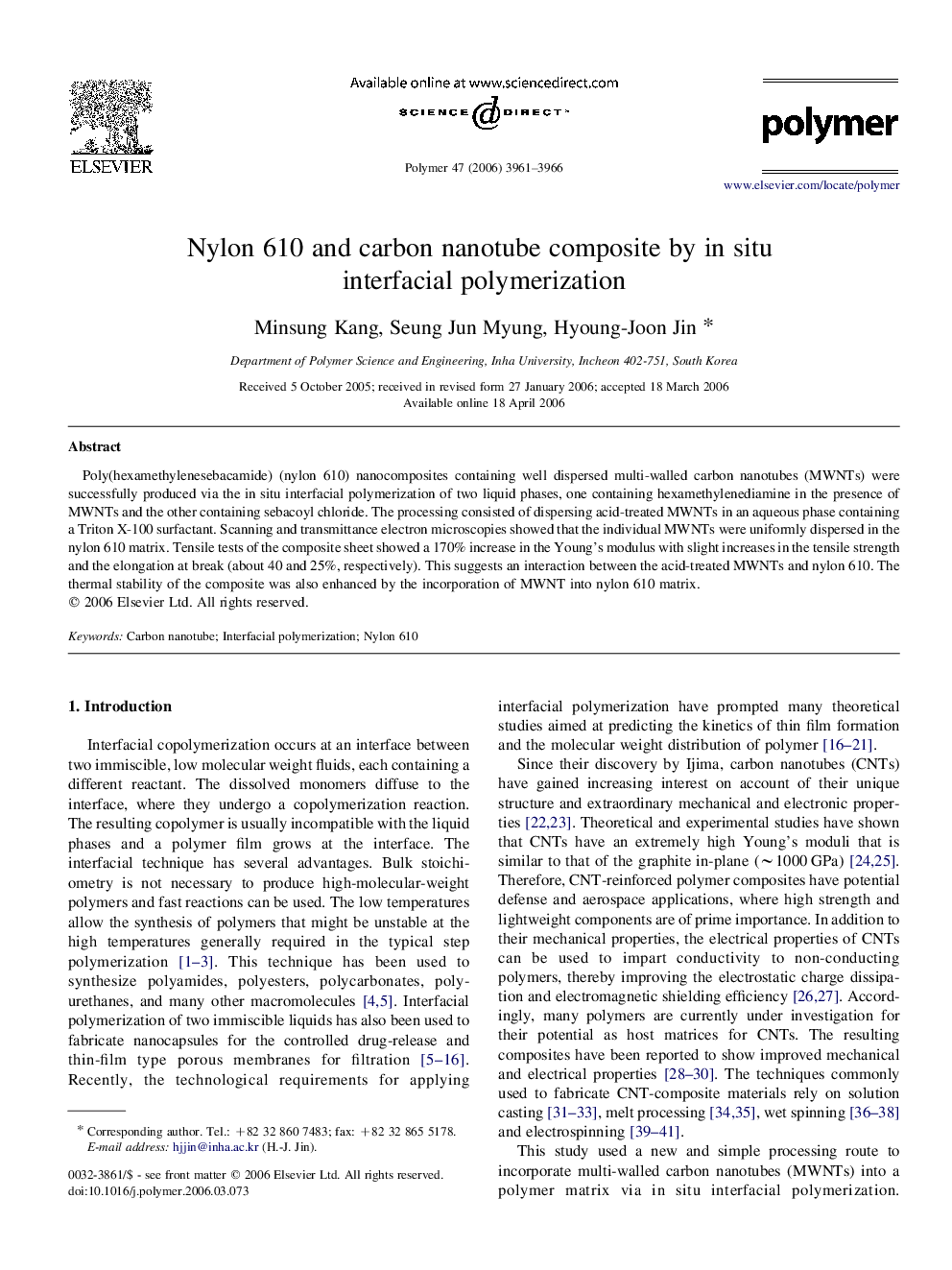 Nylon 610 and carbon nanotube composite by in situ interfacial polymerization