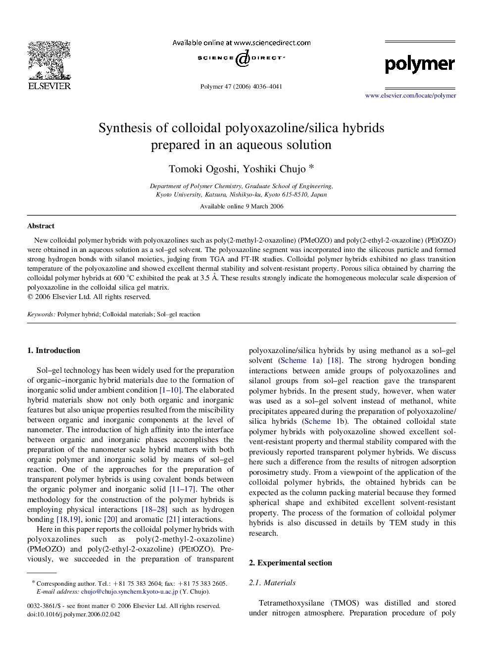 Synthesis of colloidal polyoxazoline/silica hybrids prepared in an aqueous solution