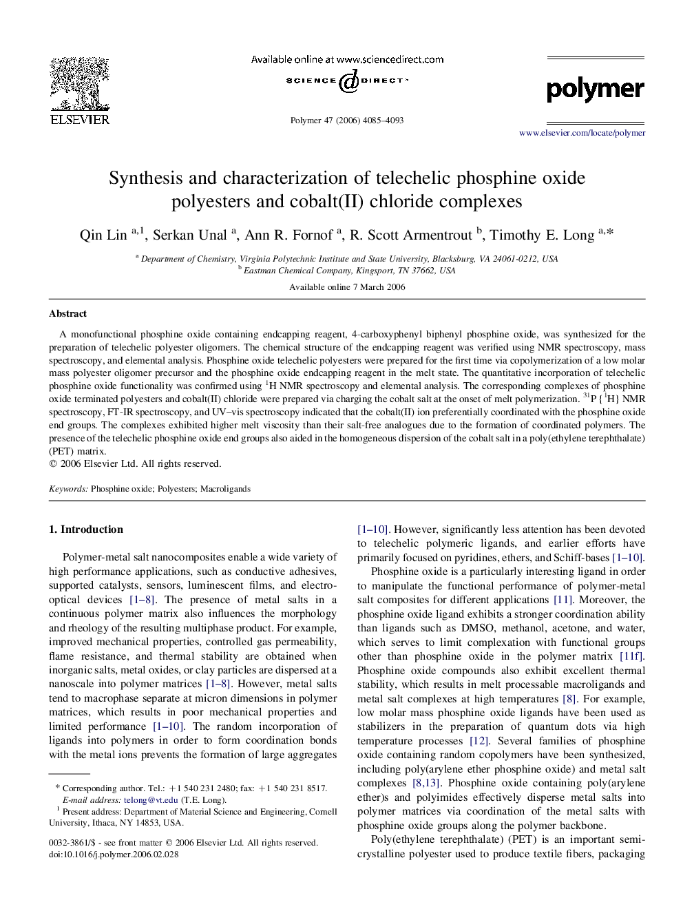 Synthesis and characterization of telechelic phosphine oxide polyesters and cobalt(II) chloride complexes