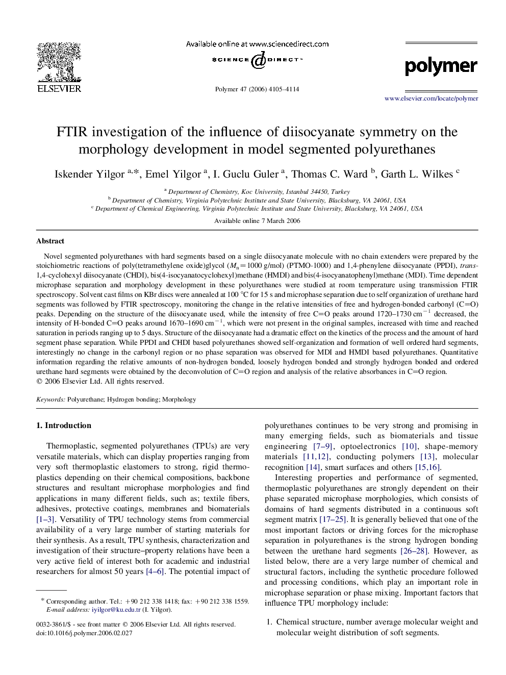 FTIR investigation of the influence of diisocyanate symmetry on the morphology development in model segmented polyurethanes