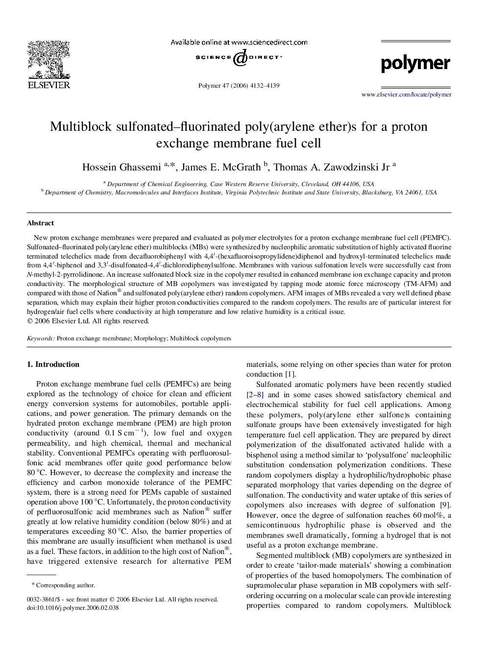 Multiblock sulfonated-fluorinated poly(arylene ether)s for a proton exchange membrane fuel cell