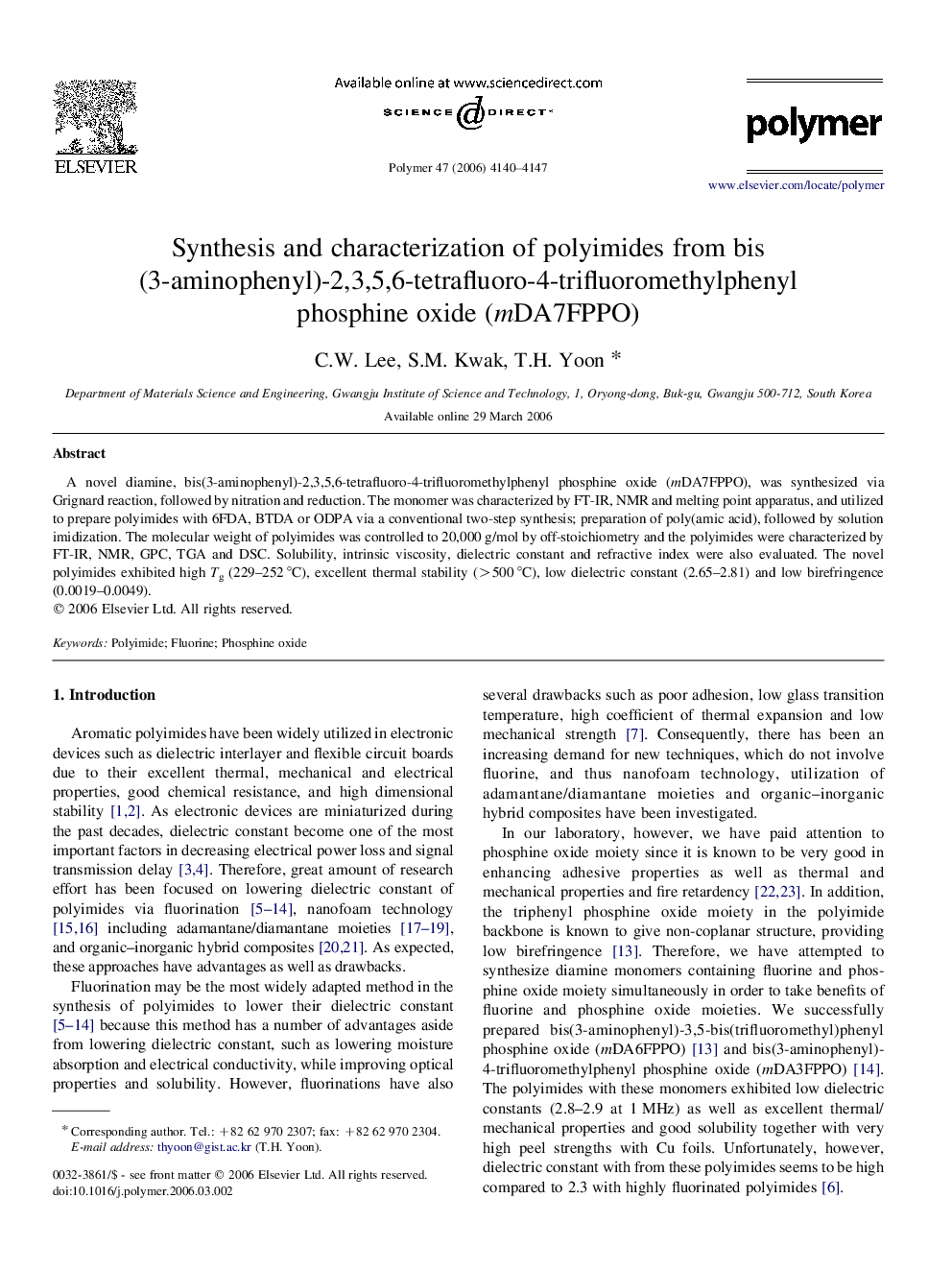 Synthesis and characterization of polyimides from bis(3-aminophenyl)-2,3,5,6-tetrafluoro-4-trifluoromethylphenyl phosphine oxide (mDA7FPPO)