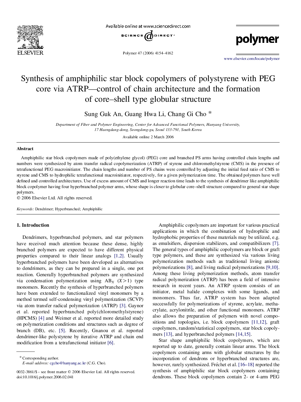 Synthesis of amphiphilic star block copolymers of polystyrene with PEG core via ATRP-control of chain architecture and the formation of core-shell type globular structure