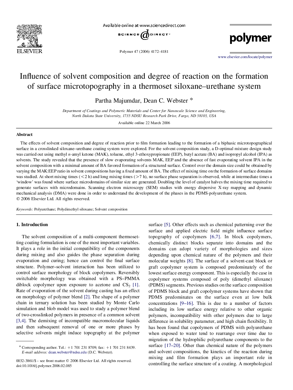 Influence of solvent composition and degree of reaction on the formation of surface microtopography in a thermoset siloxane-urethane system