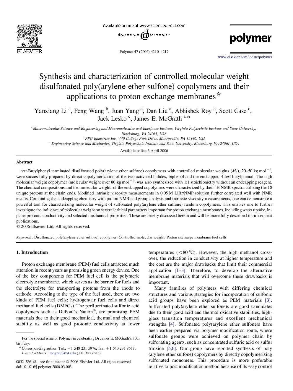 Synthesis and characterization of controlled molecular weight disulfonated poly(arylene ether sulfone) copolymers and their applications to proton exchange membranes