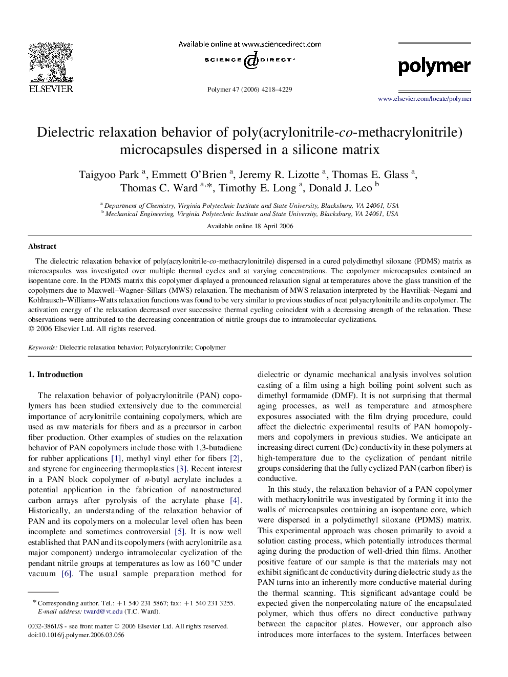 Dielectric relaxation behavior of poly(acrylonitrile-co-methacrylonitrile) microcapsules dispersed in a silicone matrix