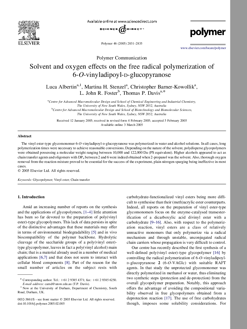 Solvent and oxygen effects on the free radical polymerization of 6-O-vinyladipoyl-d-glucopyranose