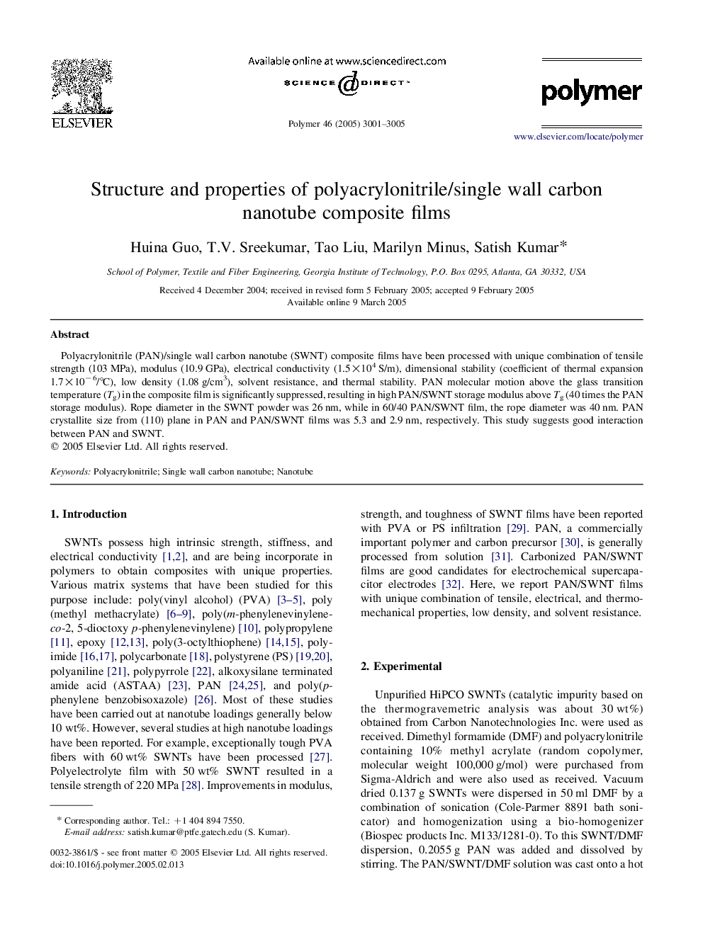 Structure and properties of polyacrylonitrile/single wall carbon nanotube composite films