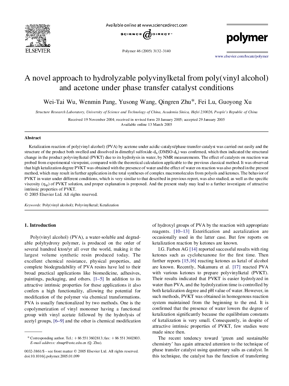 A novel approach to hydrolyzable polyvinylketal from poly(vinyl alcohol) and acetone under phase transfer catalyst conditions