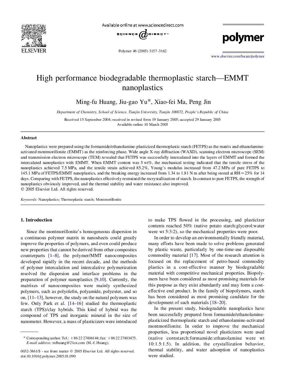 High performance biodegradable thermoplastic starch-EMMT nanoplastics