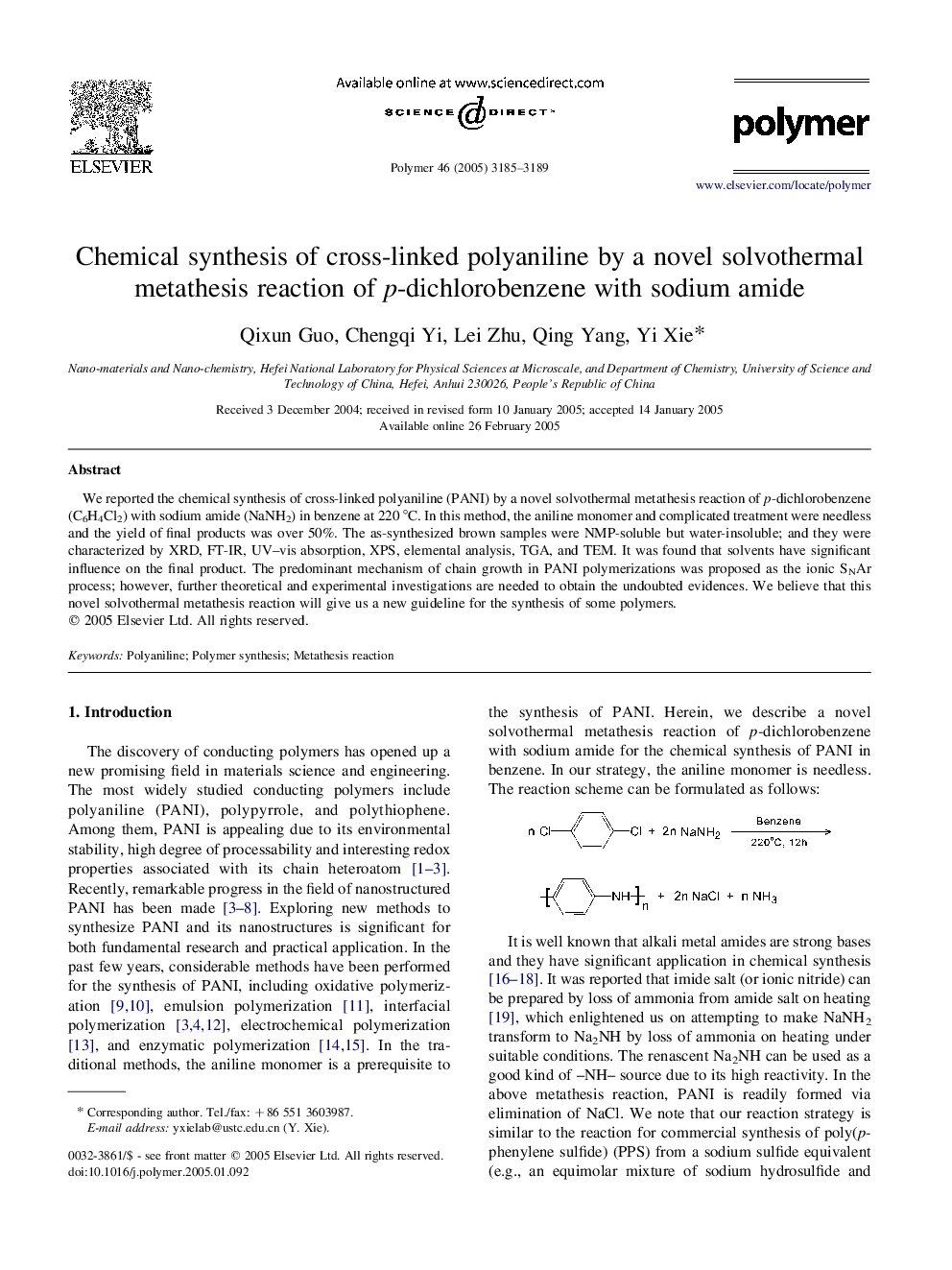 Chemical synthesis of cross-linked polyaniline by a novel solvothermal metathesis reaction of p-dichlorobenzene with sodium amide