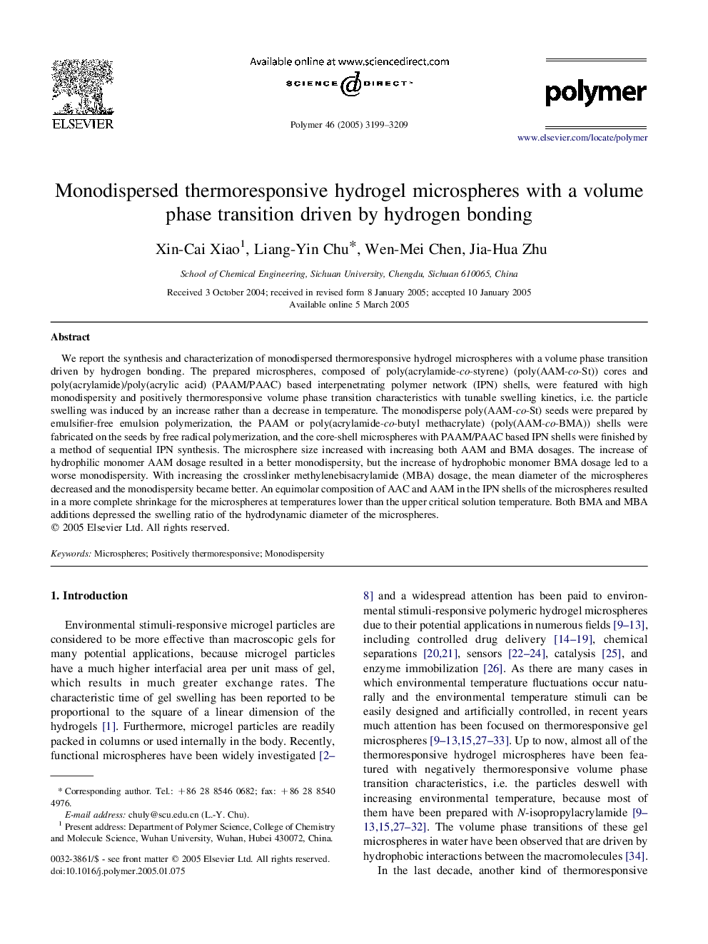 Monodispersed thermoresponsive hydrogel microspheres with a volume phase transition driven by hydrogen bonding