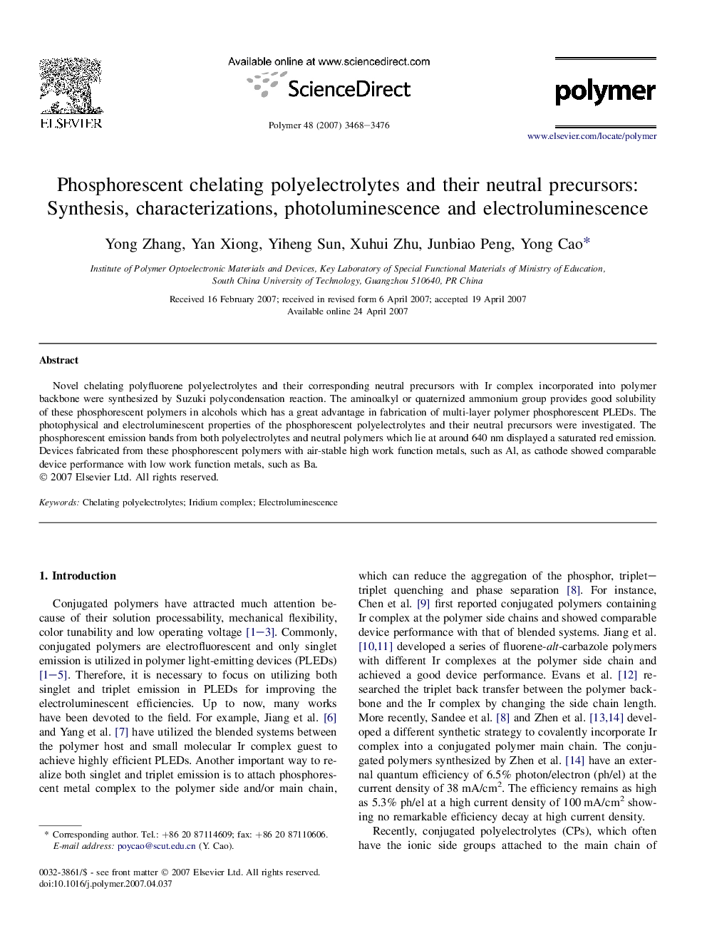 Phosphorescent chelating polyelectrolytes and their neutral precursors: Synthesis, characterizations, photoluminescence and electroluminescence