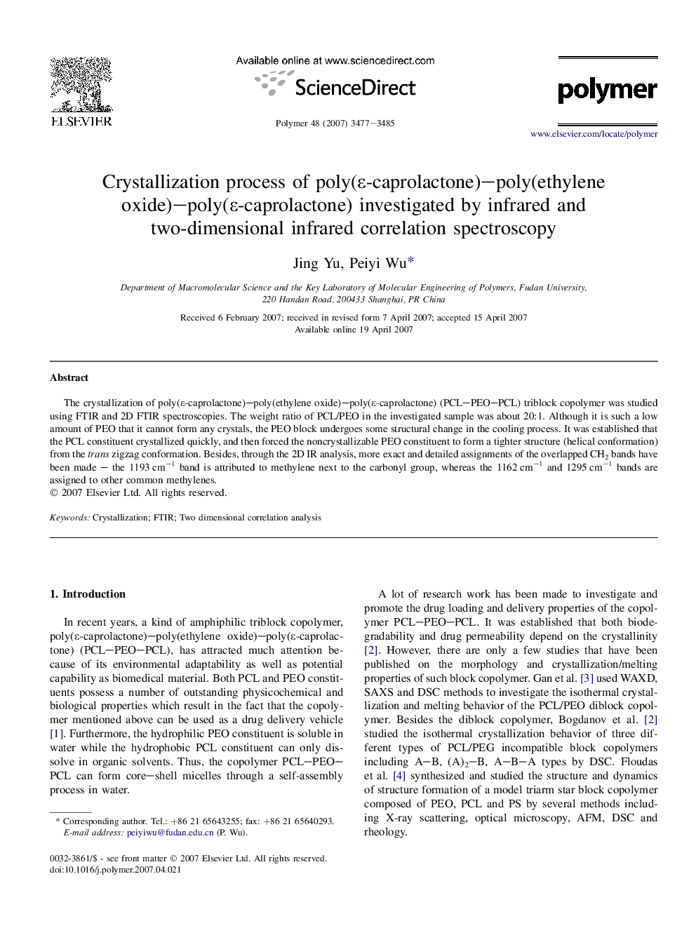 Crystallization process of poly(É-caprolactone)-poly(ethylene oxide)-poly(É-caprolactone) investigated by infrared and two-dimensional infrared correlation spectroscopy