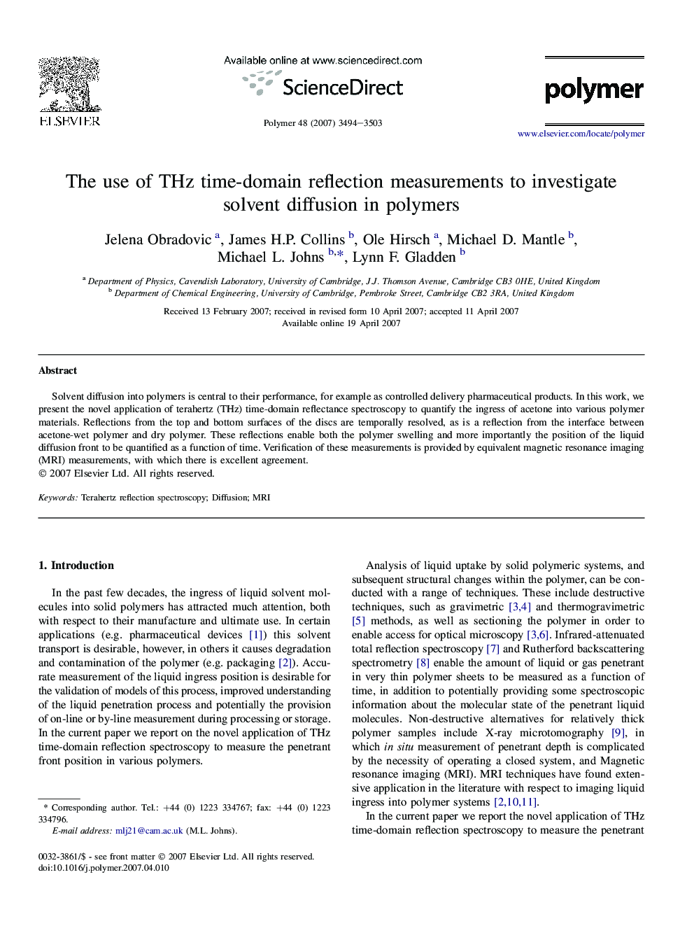 The use of THz time-domain reflection measurements to investigate solvent diffusion in polymers