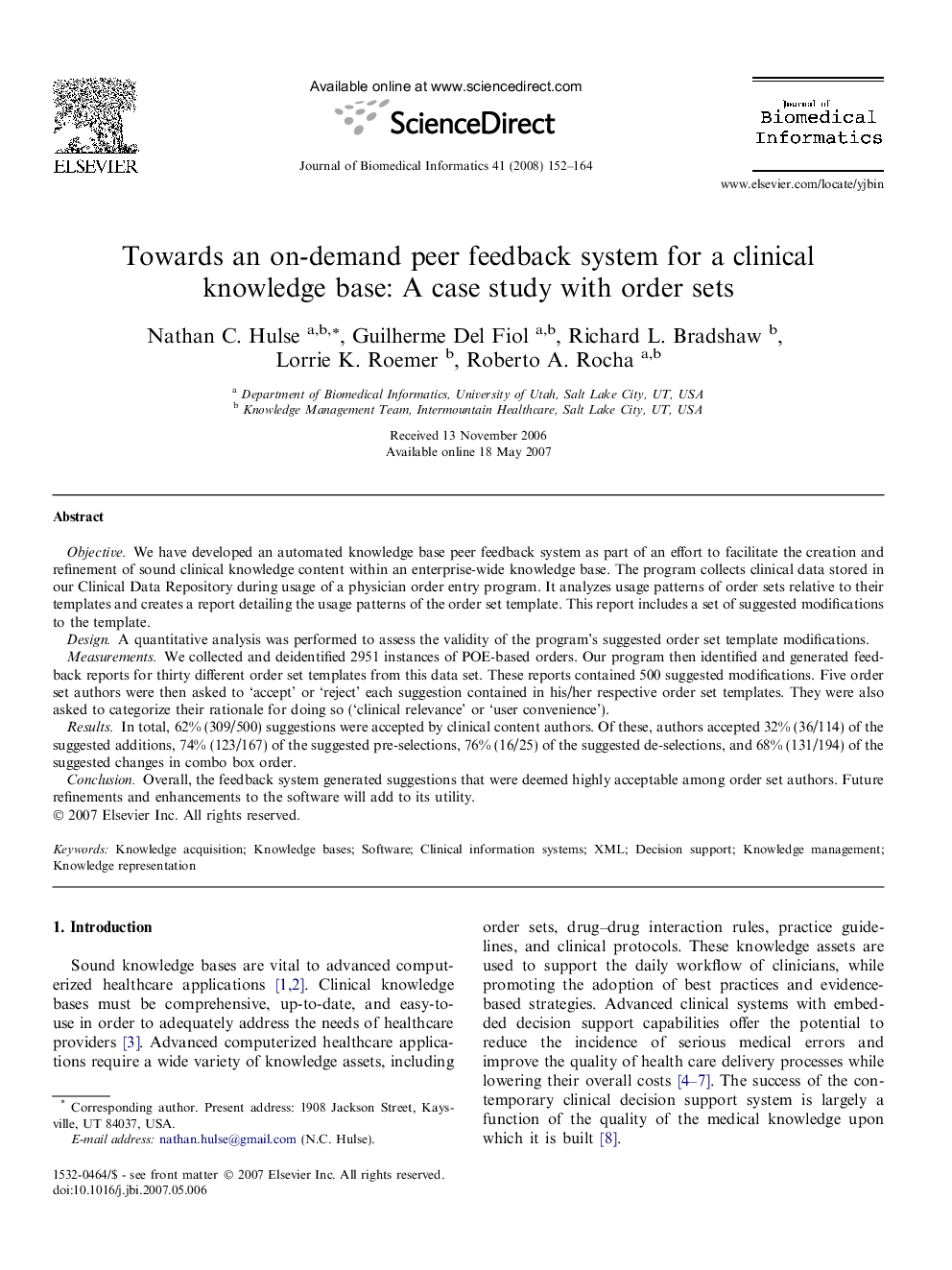 Towards an on-demand peer feedback system for a clinical knowledge base: A case study with order sets