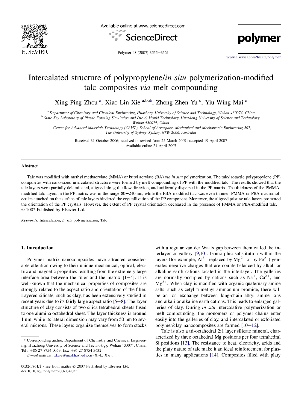 Intercalated structure of polypropylene/in situ polymerization-modified talc composites via melt compounding