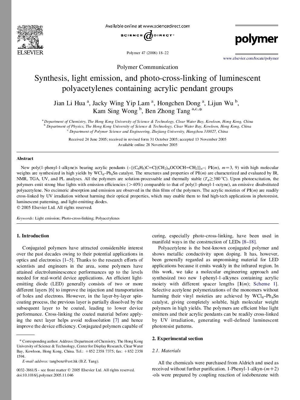 Synthesis, light emission, and photo-cross-linking of luminescent polyacetylenes containing acrylic pendant groups