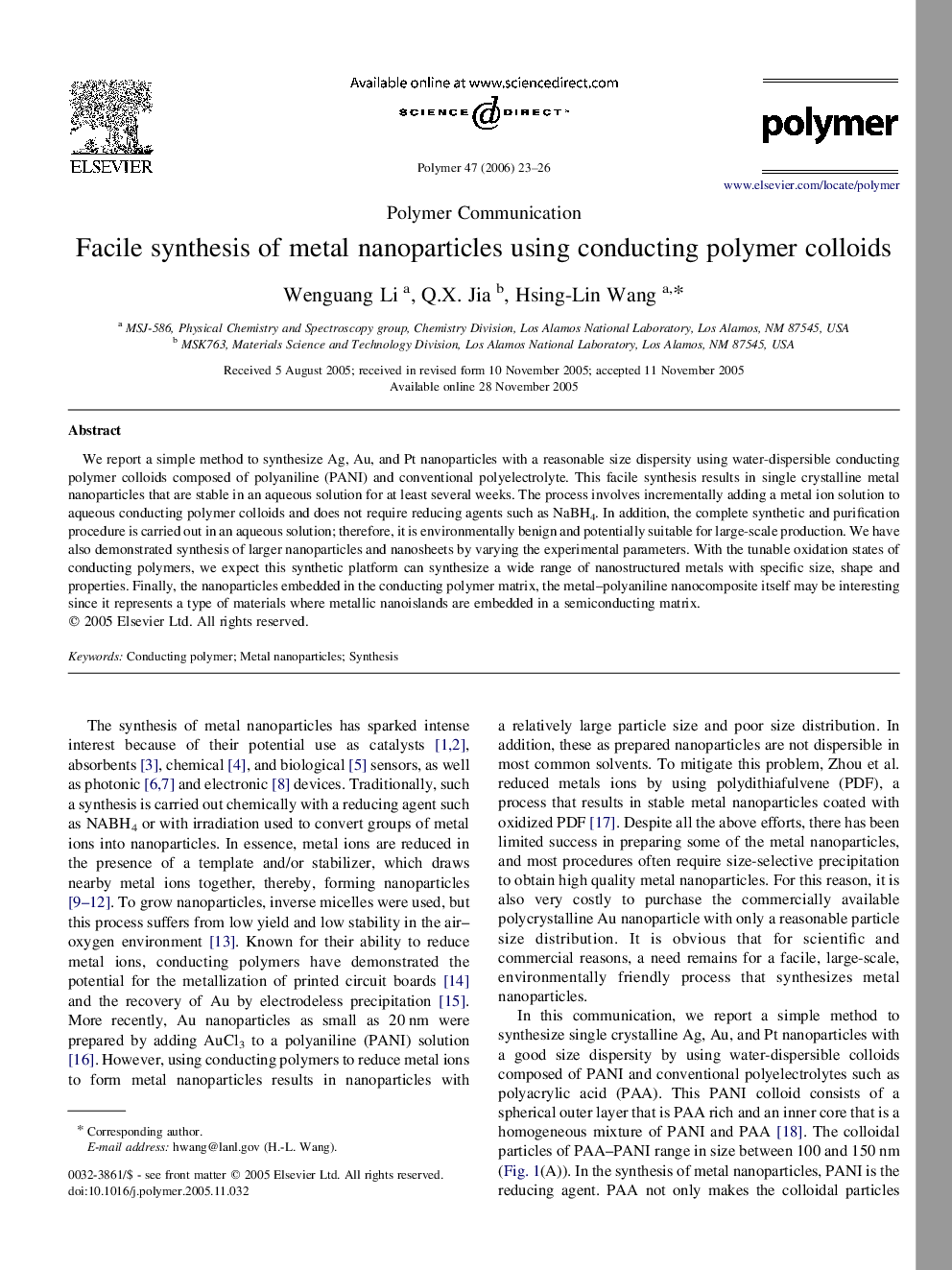 Facile synthesis of metal nanoparticles using conducting polymer colloids