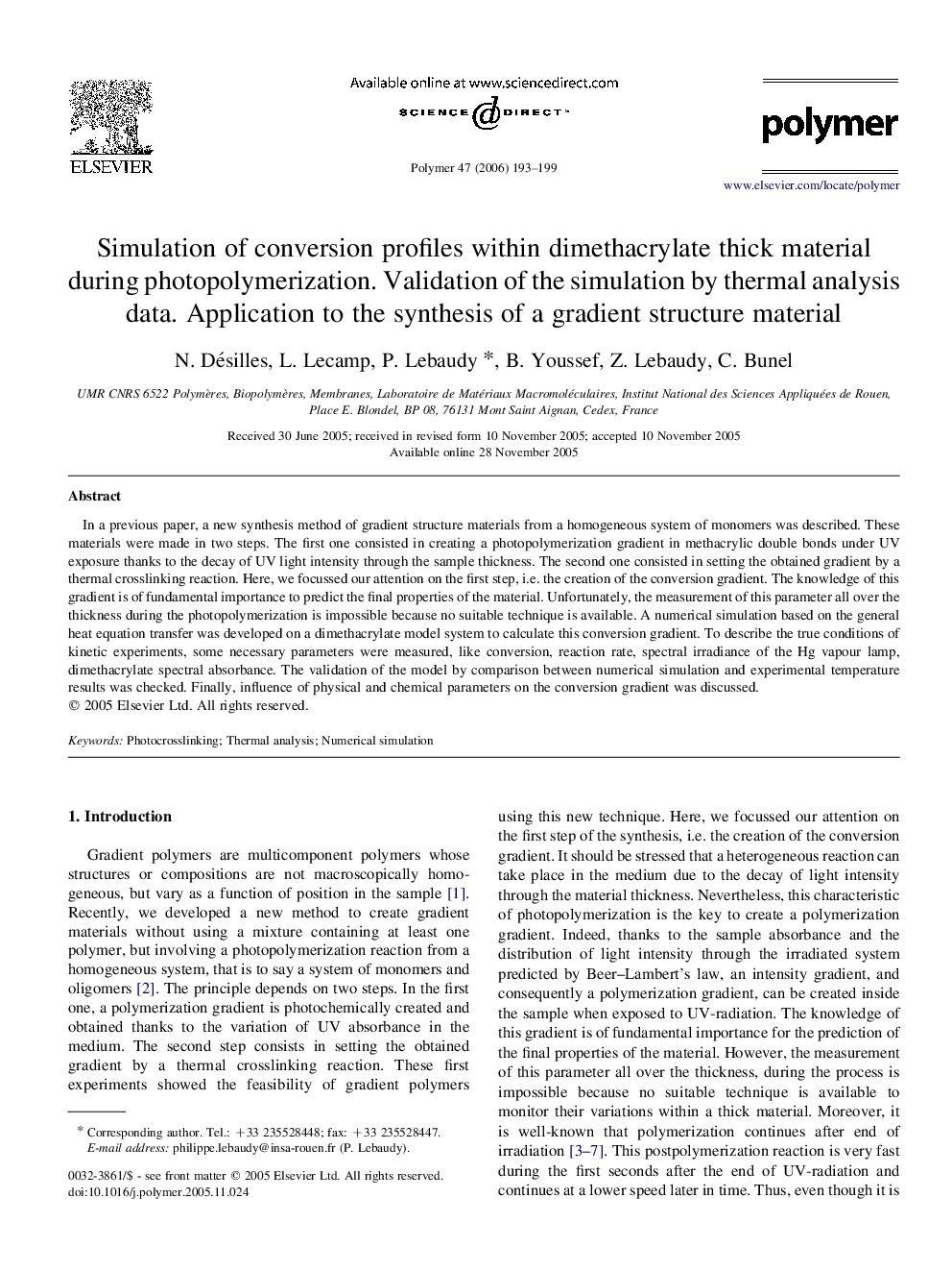 Simulation of conversion profiles within dimethacrylate thick material during photopolymerization. Validation of the simulation by thermal analysis data. Application to the synthesis of a gradient structure material