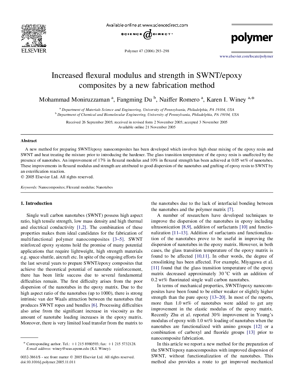 Increased flexural modulus and strength in SWNT/epoxy composites by a new fabrication method