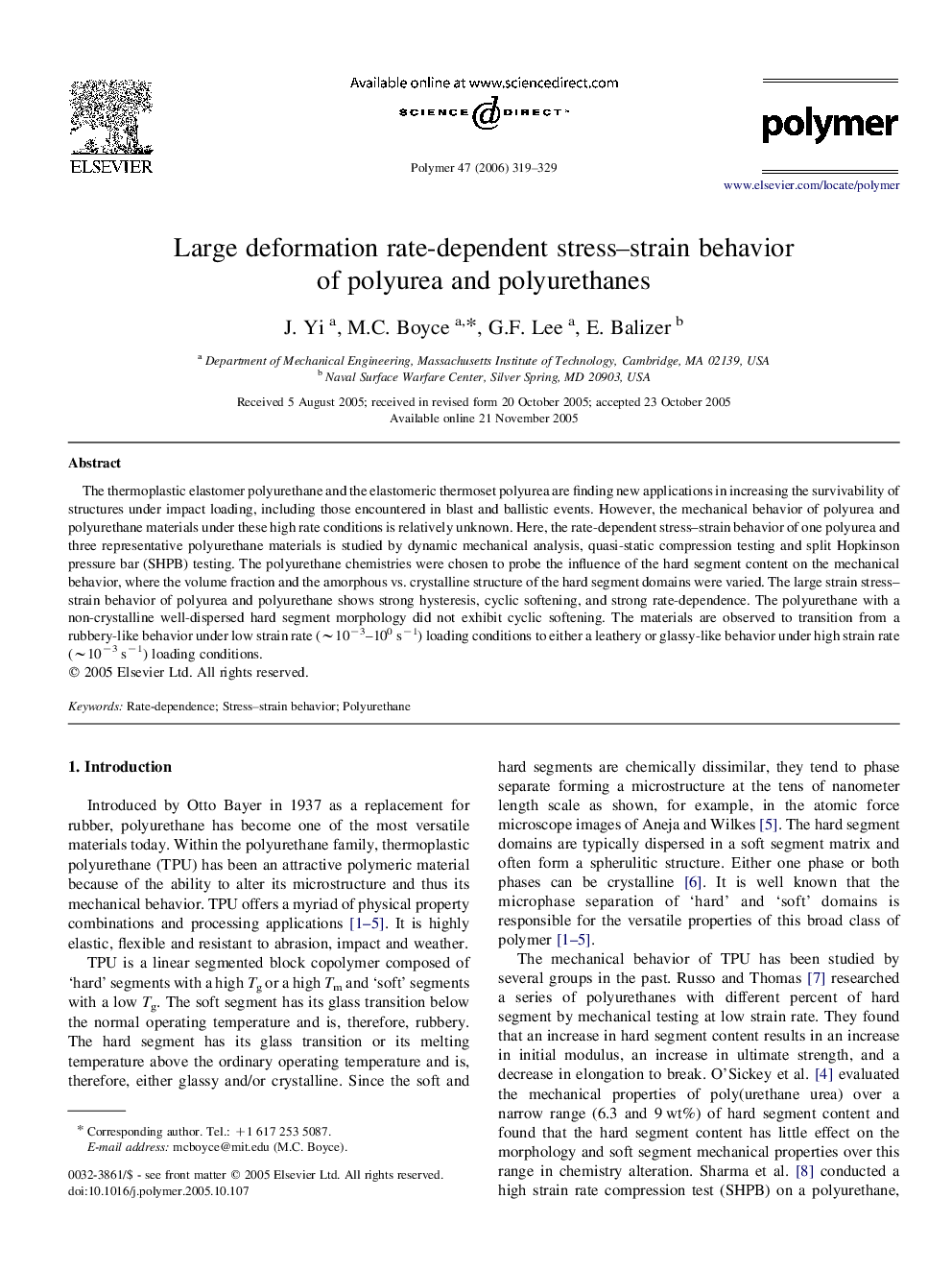 Large deformation rate-dependent stress-strain behavior of polyurea and polyurethanes