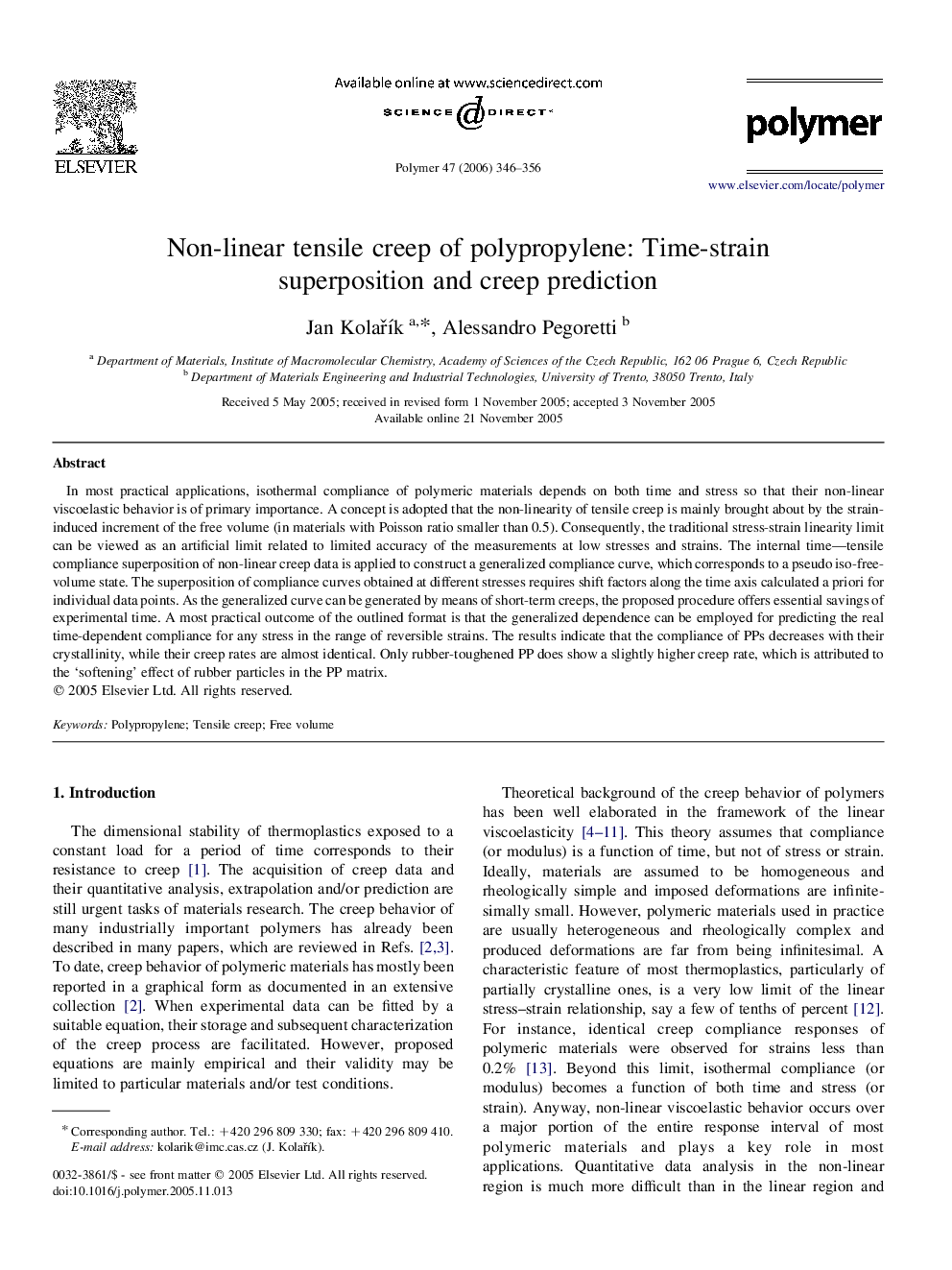 Non-linear tensile creep of polypropylene: Time-strain superposition and creep prediction