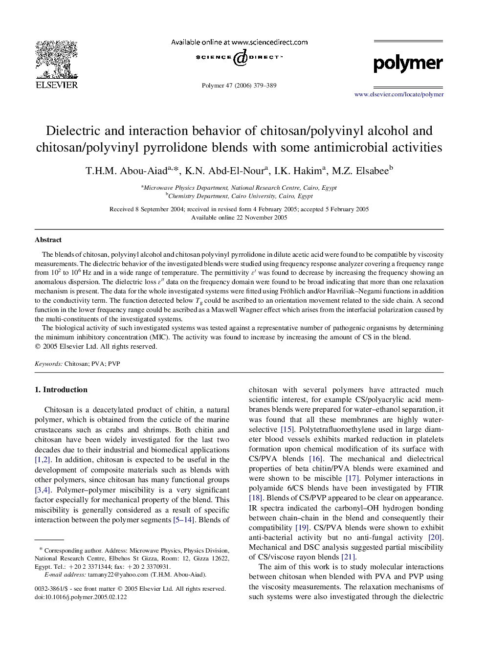 Dielectric and interaction behavior of chitosan/polyvinyl alcohol and chitosan/polyvinyl pyrrolidone blends with some antimicrobial activities