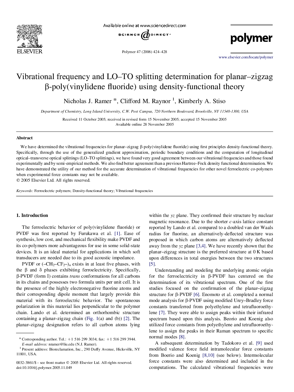 Vibrational frequency and LO-TO splitting determination for planar-zigzag Î²-poly(vinylidene fluoride) using density-functional theory