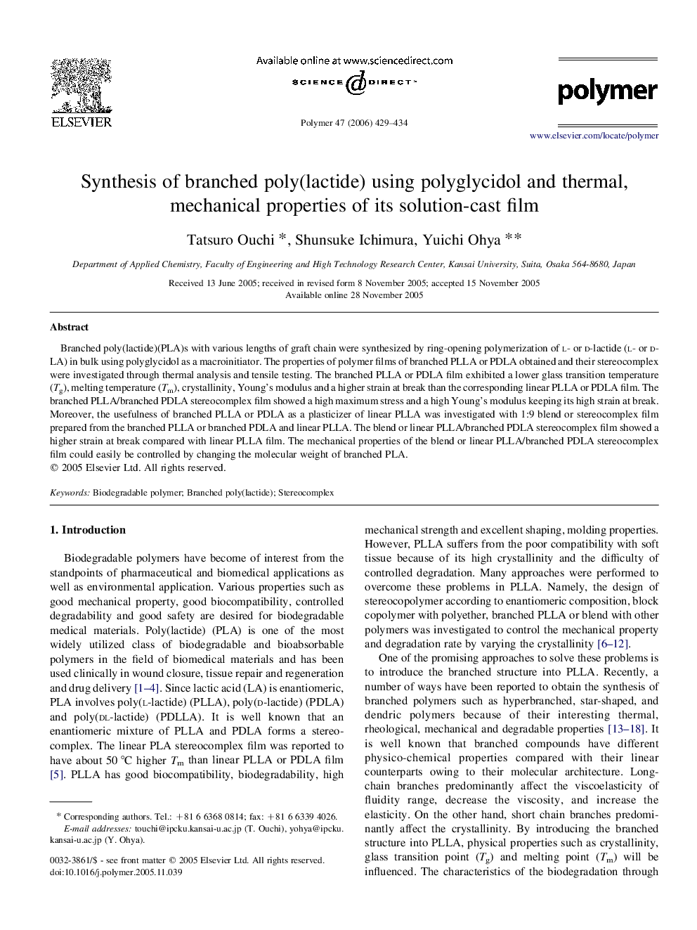 Synthesis of branched poly(lactide) using polyglycidol and thermal, mechanical properties of its solution-cast film