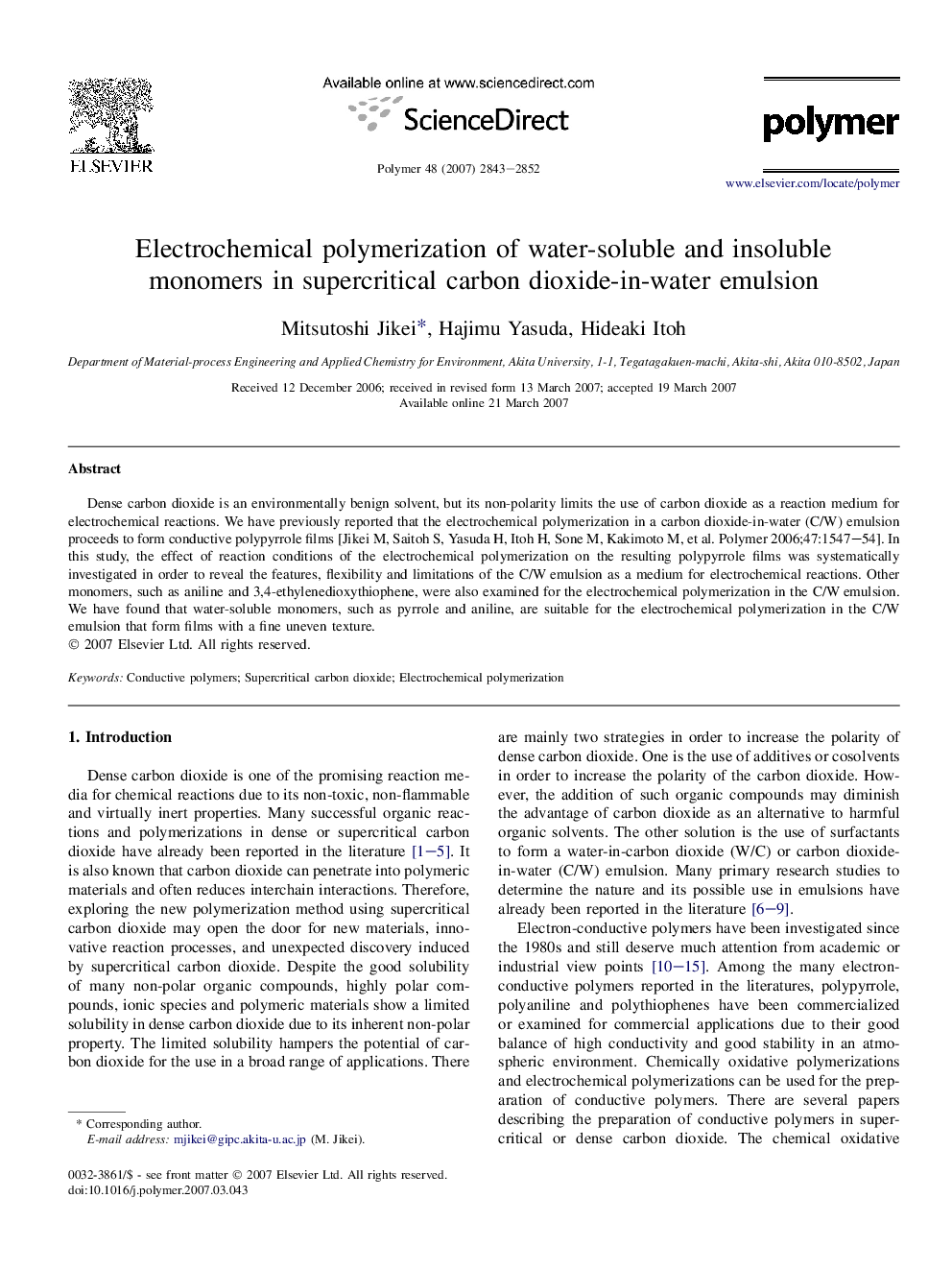 Electrochemical polymerization of water-soluble and insoluble monomers in supercritical carbon dioxide-in-water emulsion