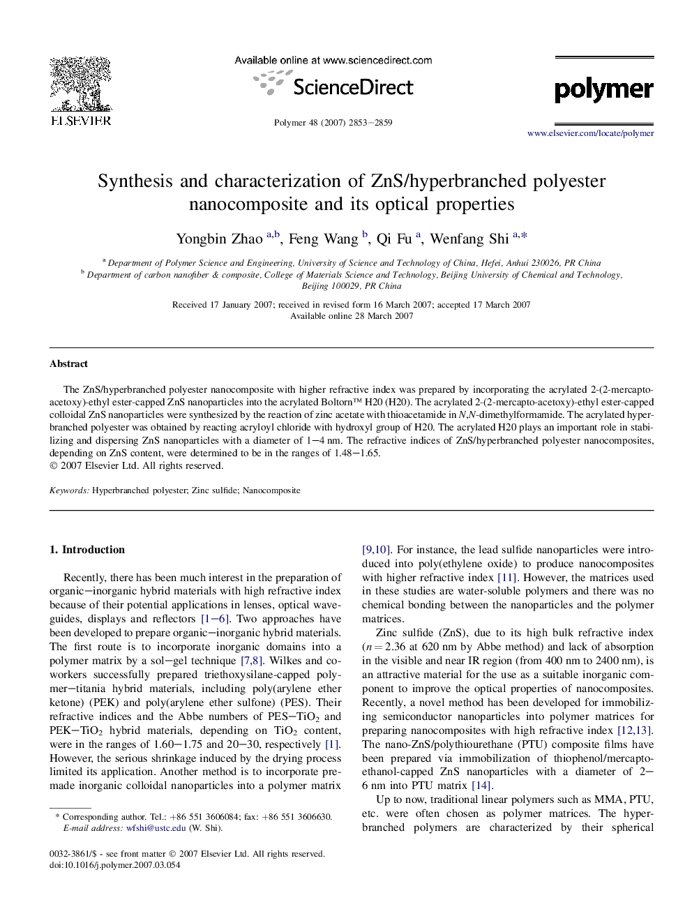 Synthesis and characterization of ZnS/hyperbranched polyester nanocomposite and its optical properties