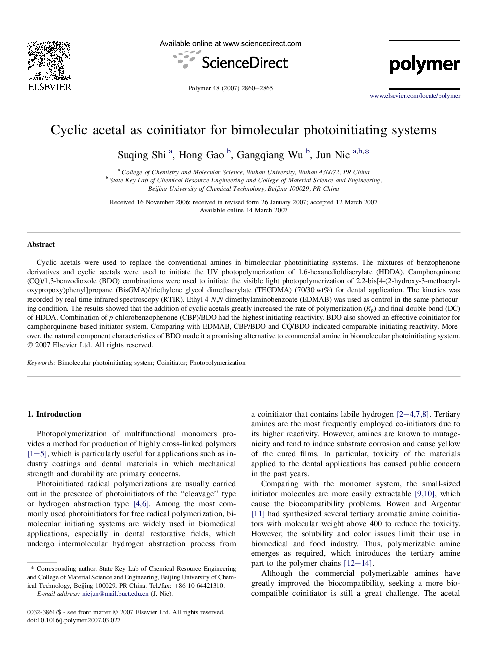 Cyclic acetal as coinitiator for bimolecular photoinitiating systems