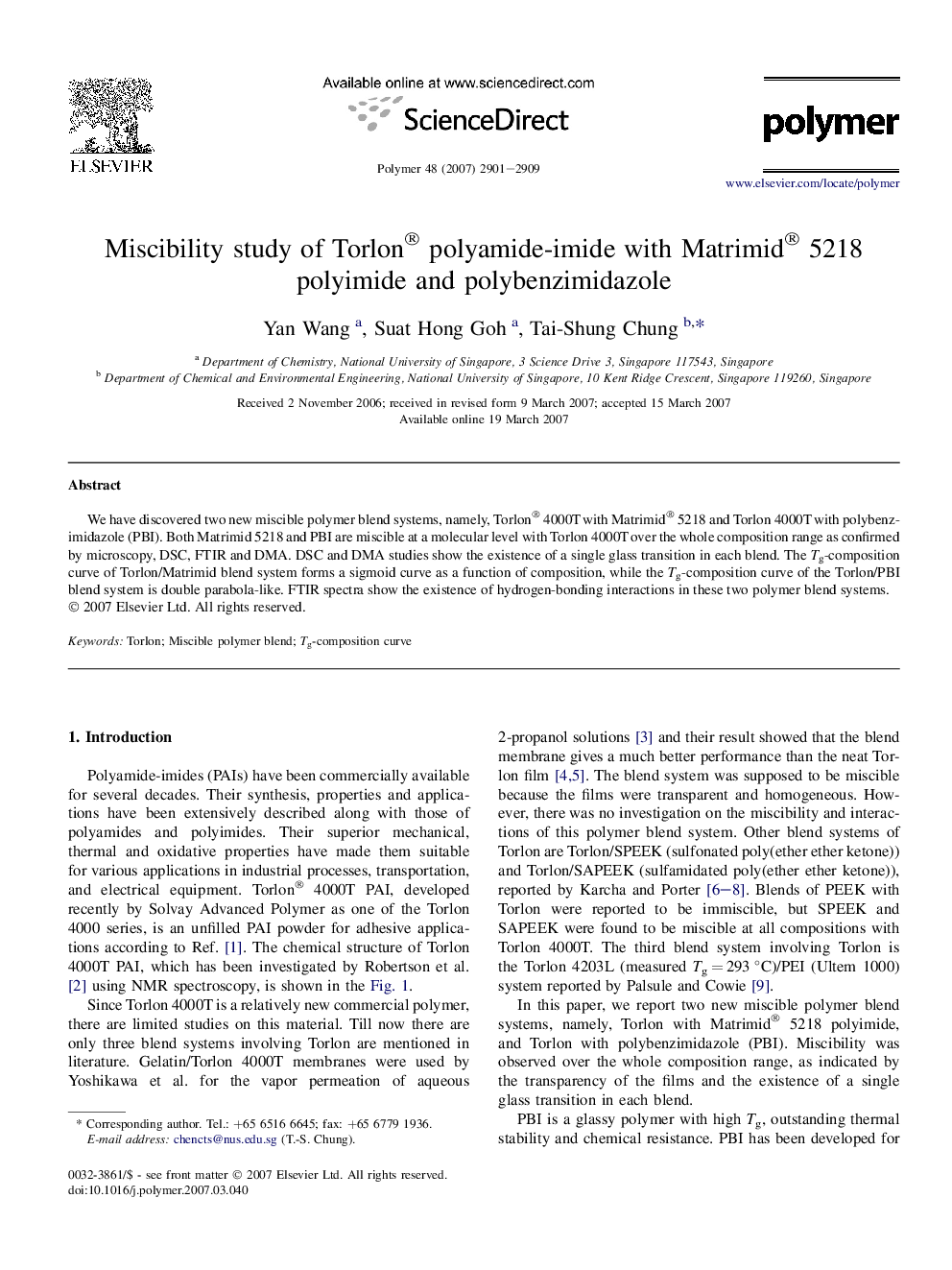 Miscibility study of Torlon® polyamide-imide with Matrimid® 5218 polyimide and polybenzimidazole