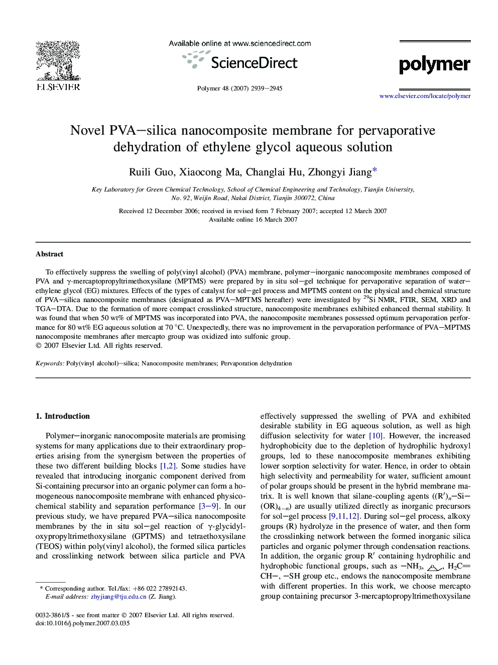 Novel PVA-silica nanocomposite membrane for pervaporative dehydration of ethylene glycol aqueous solution