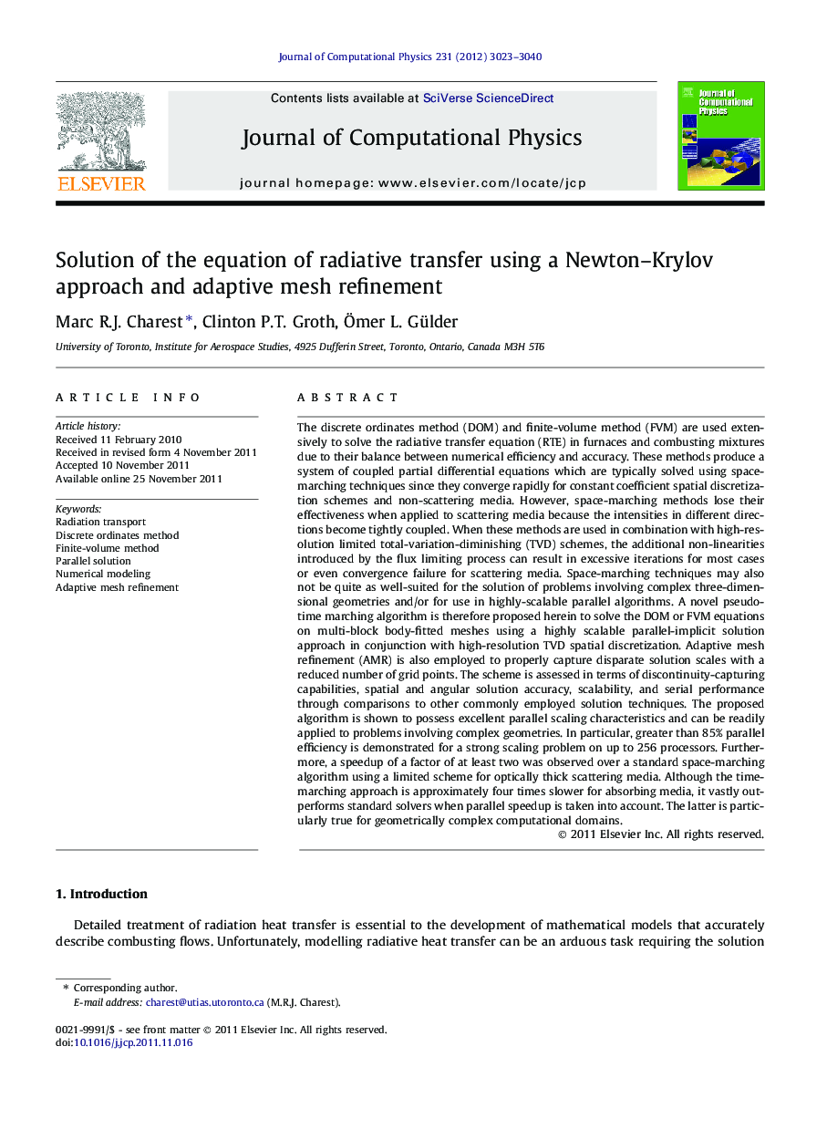 Solution of the equation of radiative transfer using a Newton–Krylov approach and adaptive mesh refinement