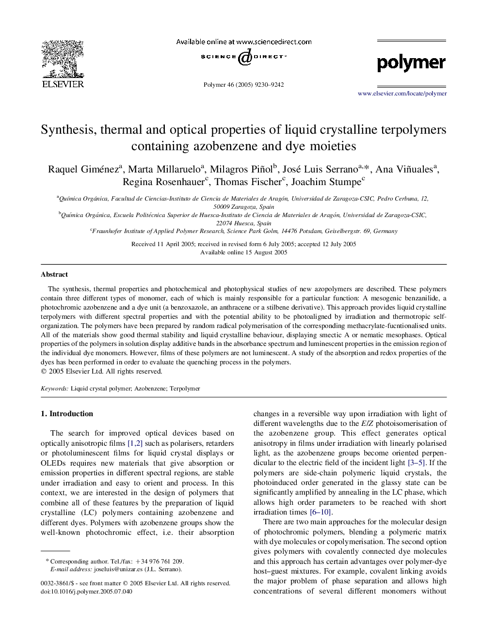 Synthesis, thermal and optical properties of liquid crystalline terpolymers containing azobenzene and dye moieties