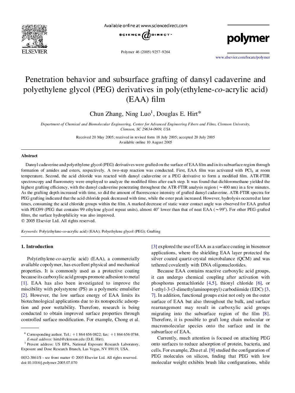 Penetration behavior and subsurface grafting of dansyl cadaverine and polyethylene glycol (PEG) derivatives in poly(ethylene-co-acrylic acid) (EAA) film