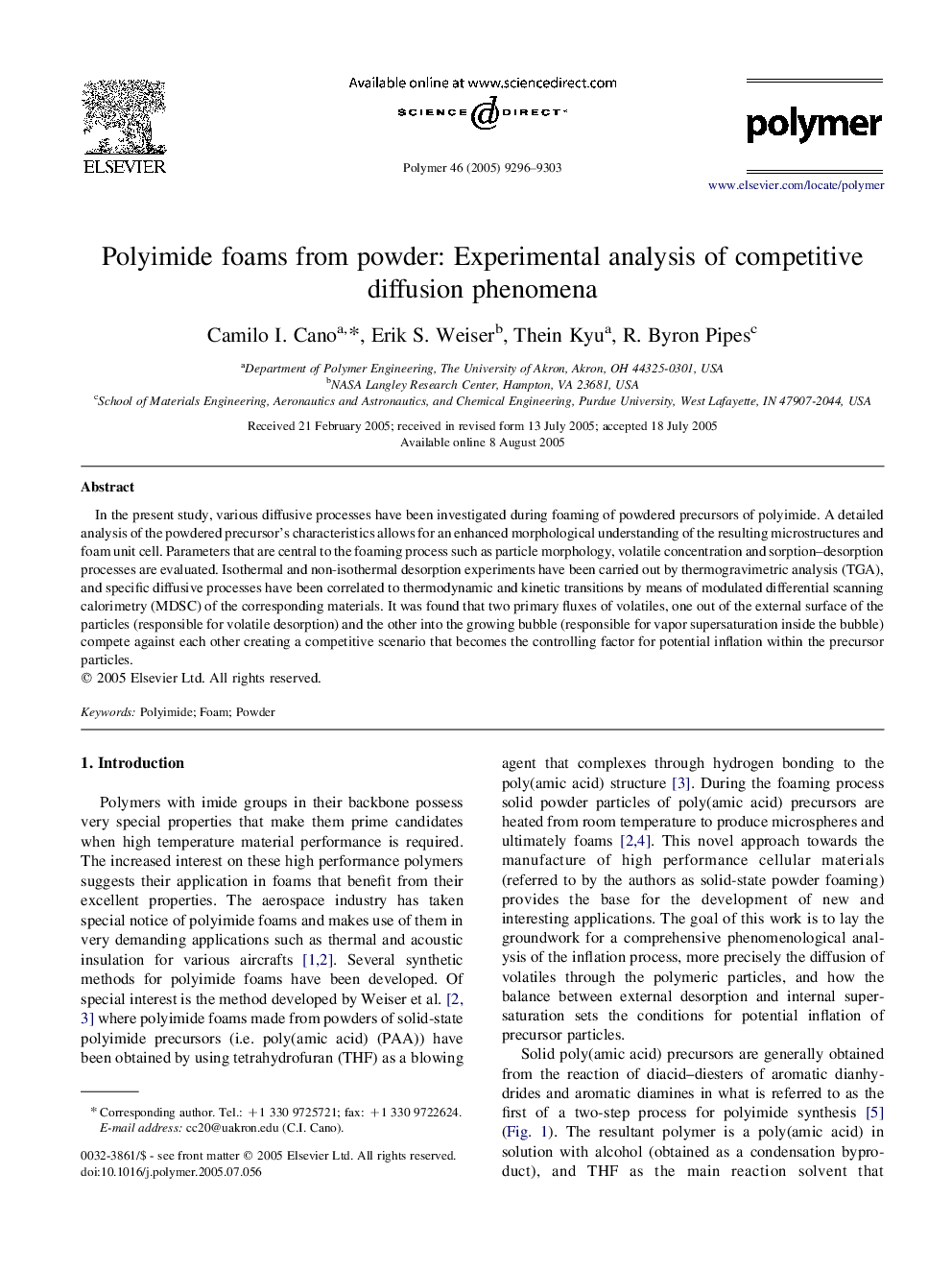 Polyimide foams from powder: Experimental analysis of competitive diffusion phenomena