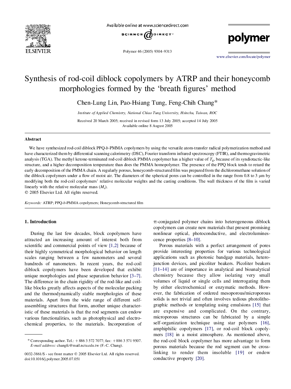 Synthesis of rod-coil diblock copolymers by ATRP and their honeycomb morphologies formed by the 'breath figures' method