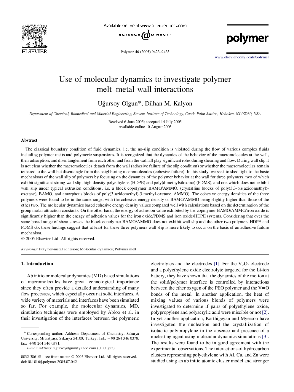 Use of molecular dynamics to investigate polymer melt-metal wall interactions