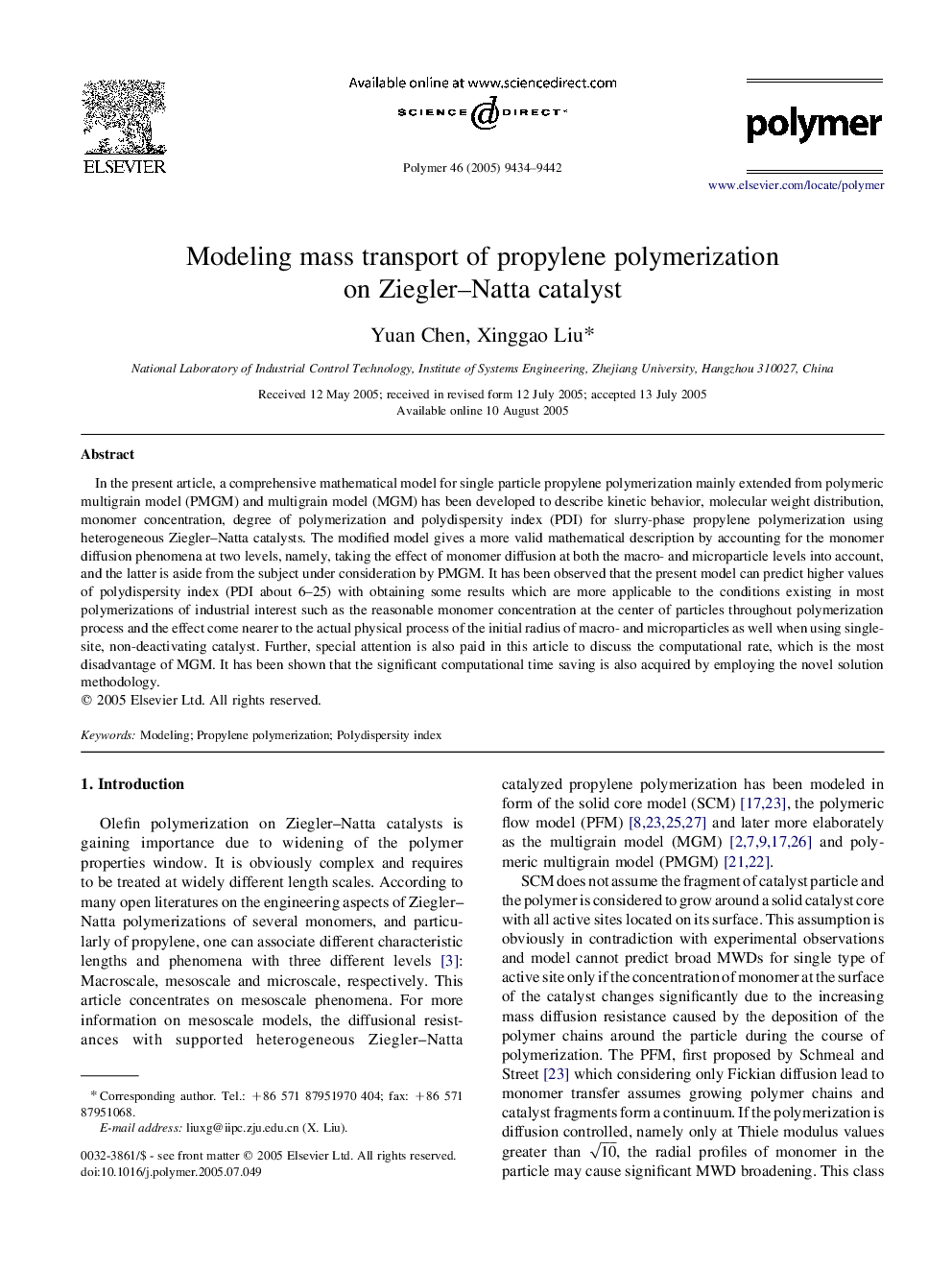 Modeling mass transport of propylene polymerization on Ziegler-Natta catalyst
