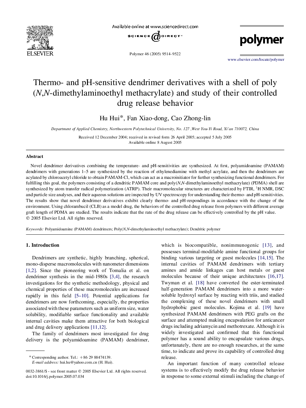 Thermo- and pH-sensitive dendrimer derivatives with a shell of poly(N,N-dimethylaminoethyl methacrylate) and study of their controlled drug release behavior