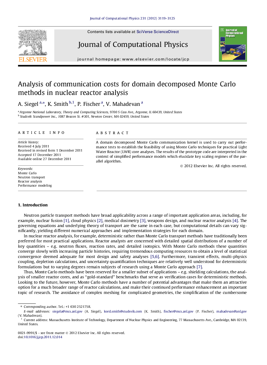 Analysis of communication costs for domain decomposed Monte Carlo methods in nuclear reactor analysis