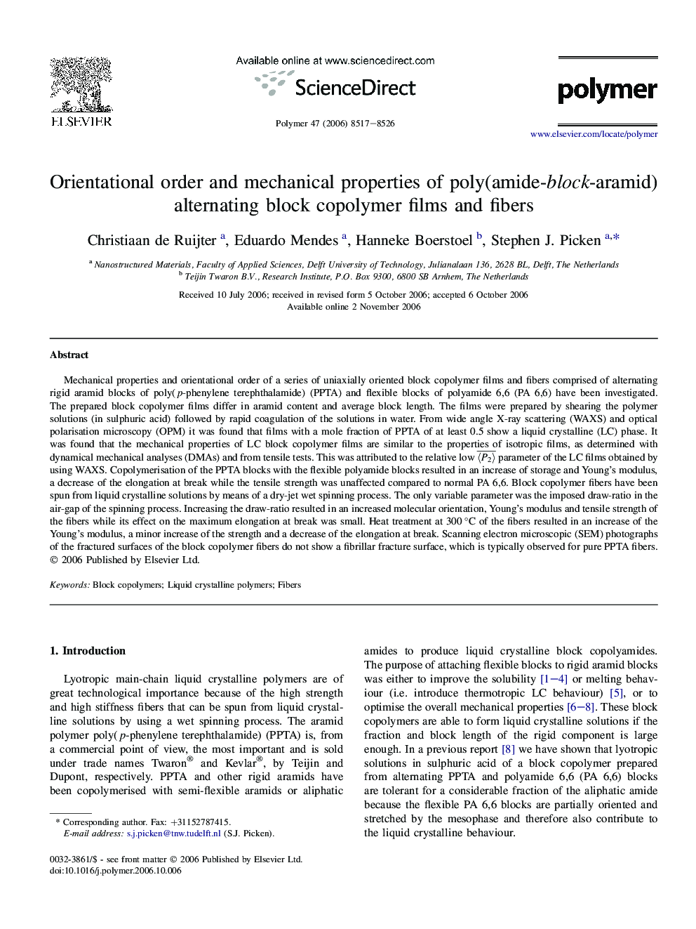 Orientational order and mechanical properties of poly(amide-block-aramid) alternating block copolymer films and fibers