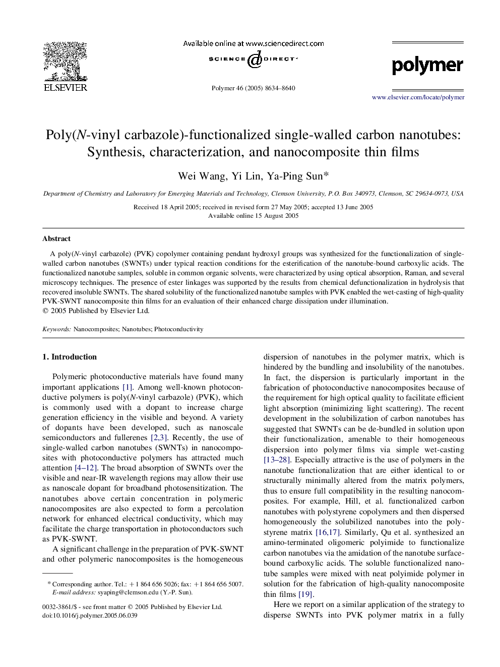 Poly(N-vinyl carbazole)-functionalized single-walled carbon nanotubes: Synthesis, characterization, and nanocomposite thin films