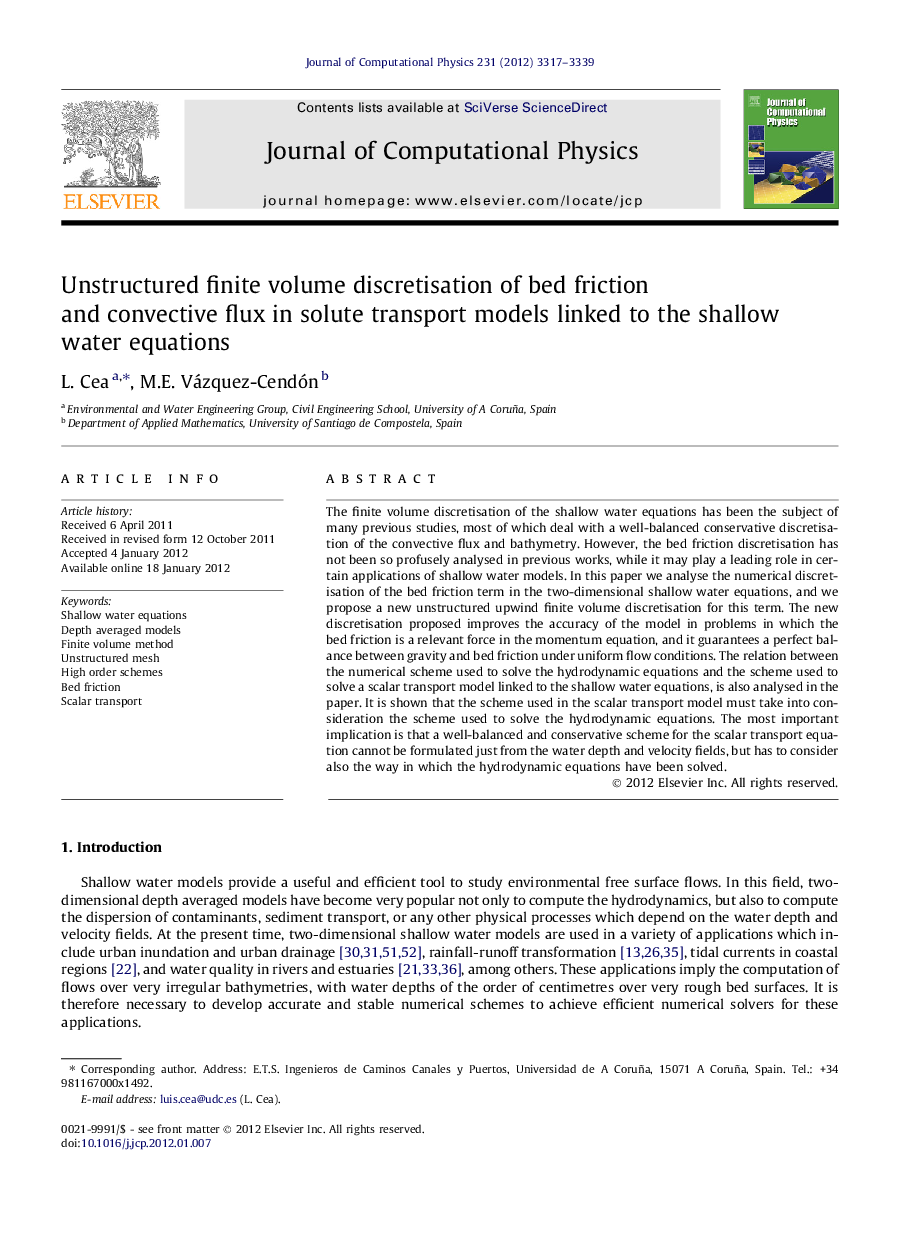 Unstructured finite volume discretisation of bed friction and convective flux in solute transport models linked to the shallow water equations